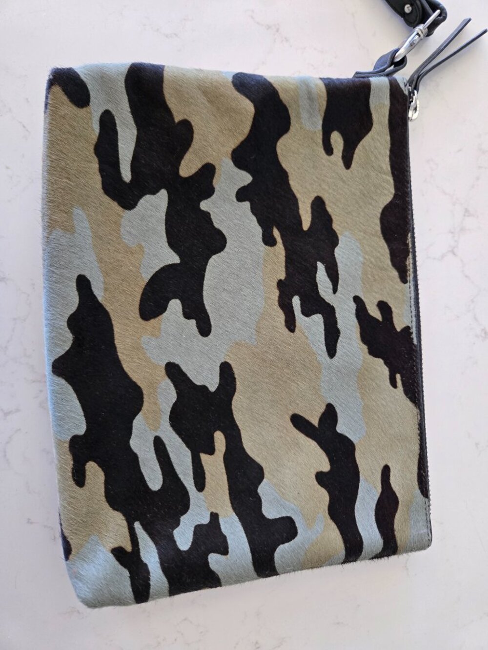 Chico's Camo Haircalf Top Zip Clutch Wristlet | Leather | Green Camouflage